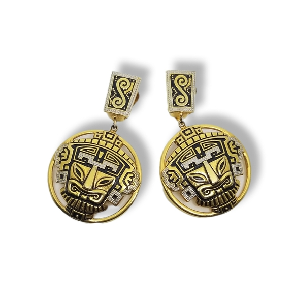VINTAGE 18K GOLDPLATE MAYAN TRIBAL DESIGN STATEMENT CLIP ON EARRINGS - Picture 1 of 6